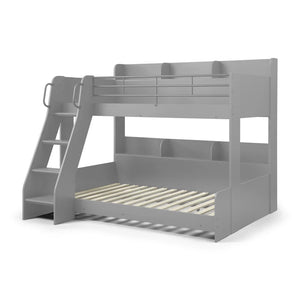 Gray bunk bed with ladder on a white background