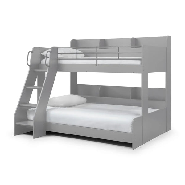 Gray bunk bed with white mattresses on a white background