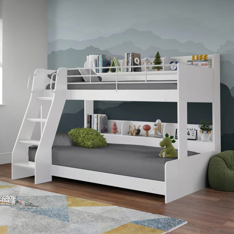 White bunk bed with a ladder and pull-out trundle on a white background