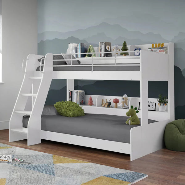 White bunk bed with gray mattress in a room with a mountain mural on the wall.