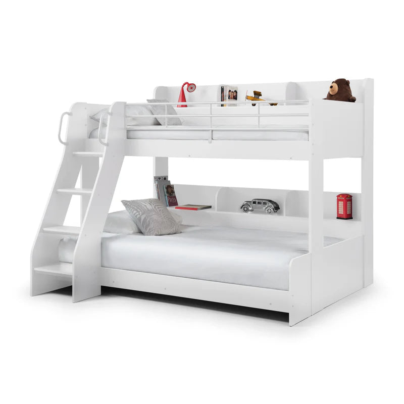 White bunk bed with a ladder and pull-out trundle on a white background