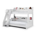 White bunk bed with a ladder and pull-out trundle on a white background