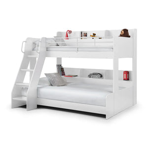 White bunk bed with a ladder and pull-out trundle on a white background