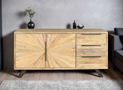 Wooden sideboard with decorative items against a gray wall