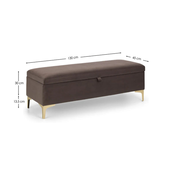 Brown storage bench with gold legs and dimensions labeled on a white background