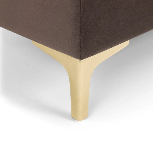 Close-up of a brown upholstered chair with beige wooden legs on a white background