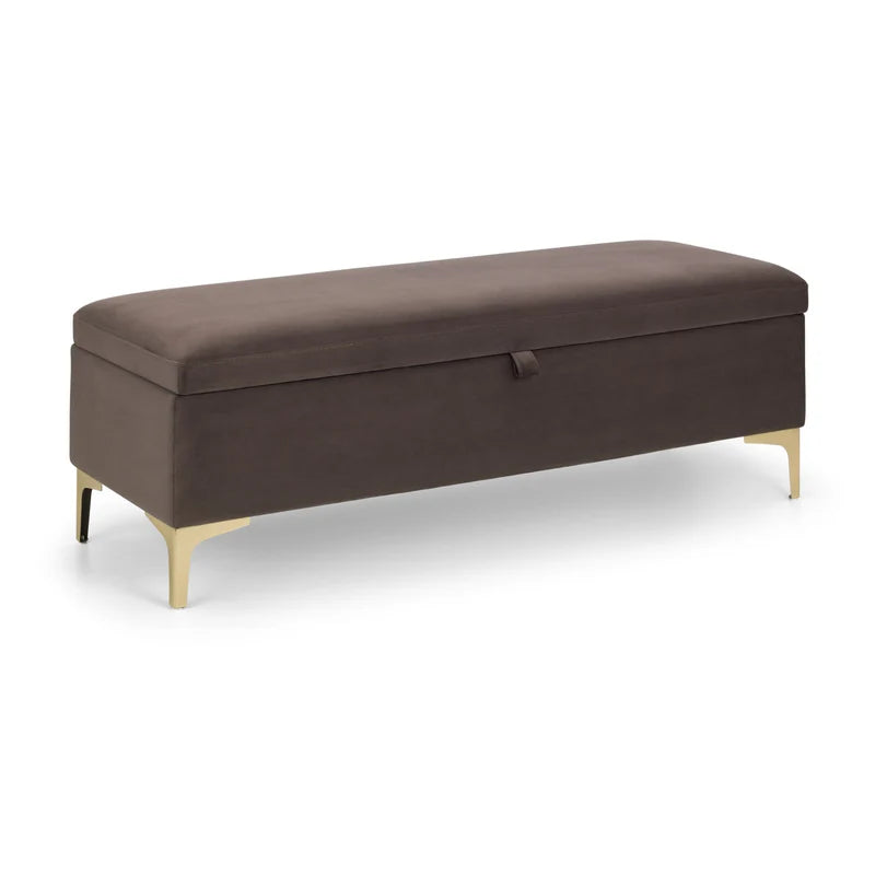 Brown storage bench with gold legs on a white background