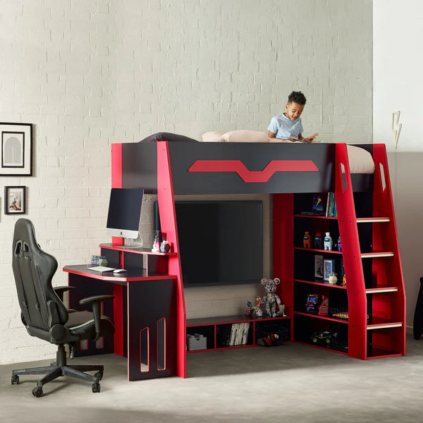 Children's room with a red and black loft bed, desk, and chair.