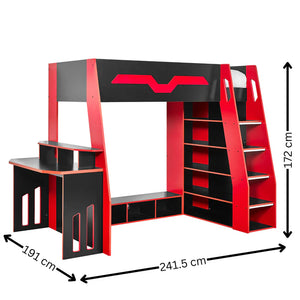 Red and black loft bed with desk and bookshelves, showing dimensions on a white background.