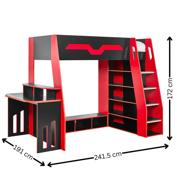 Red and black loft bed with desk and bookshelves, showing dimensions on a white background.