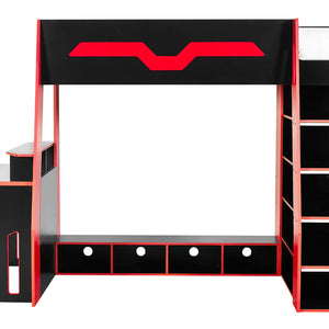 Black and red bunk bed with desk on a white background
