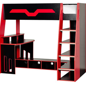 Black and red bunk bed with desk on a white background