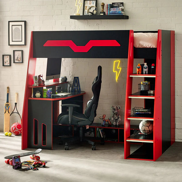 Red and black loft bed with desk and chair in a room setting.
