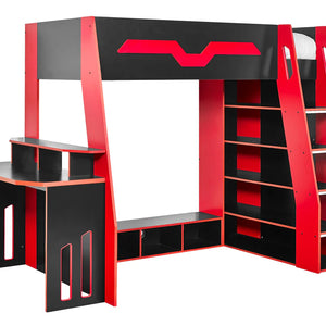 Black and red bunk bed with desk on a white background