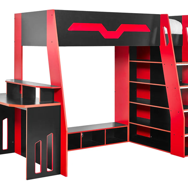Black and red bunk bed with desk on a white background
