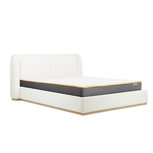 White bed frame with a mattress on a white background