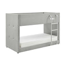 Gray bunk bed with white mattress on a white background