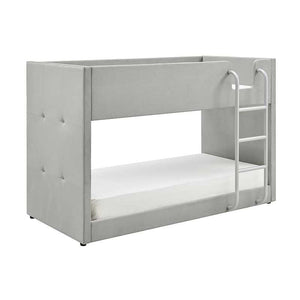 Gray bunk bed with white mattress on a white background