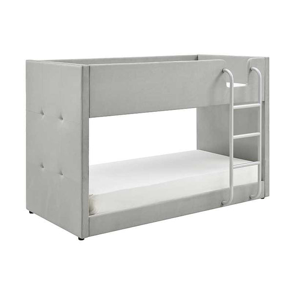 Gray bunk bed with white mattress on a white background