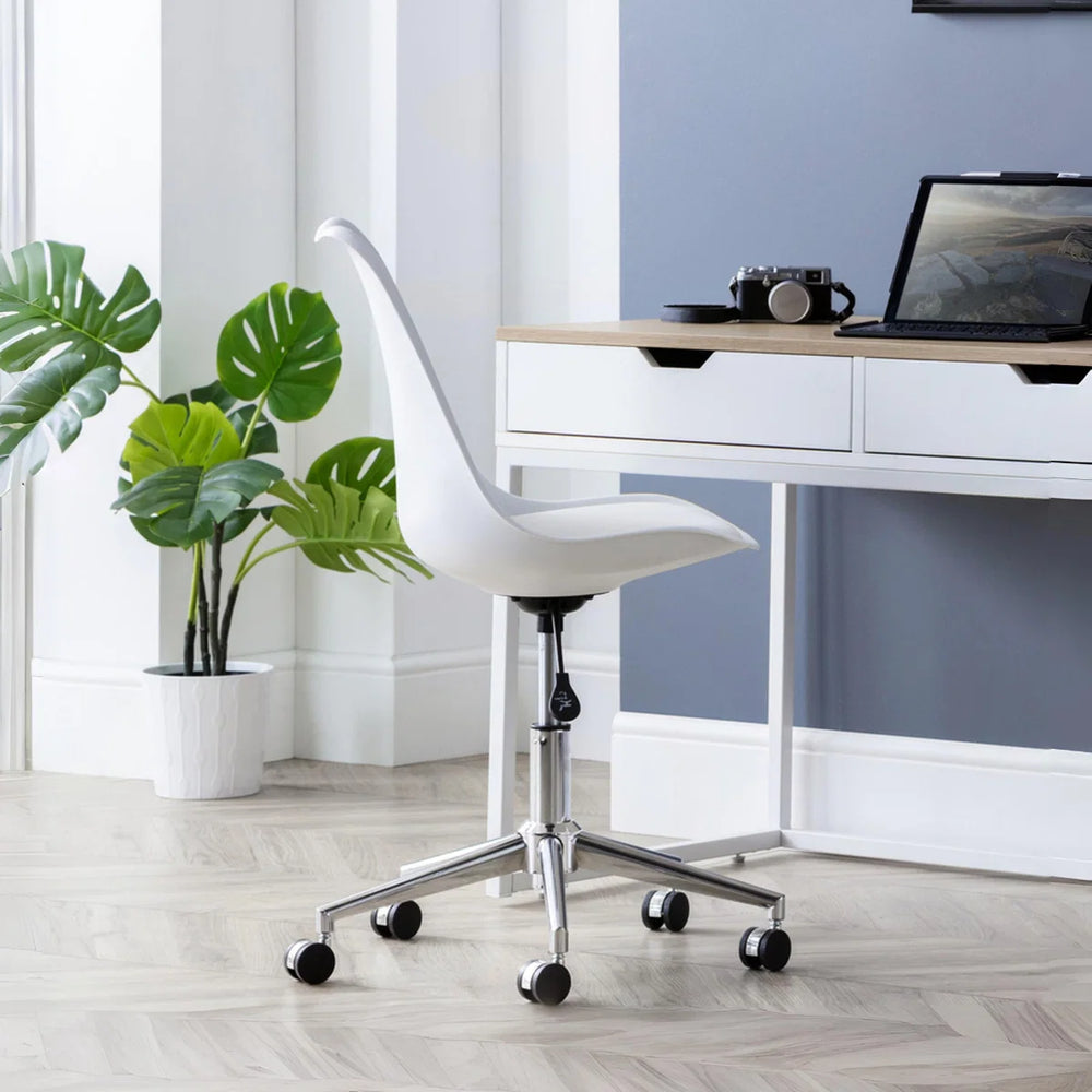 White office chair with a chrome base on a white background
