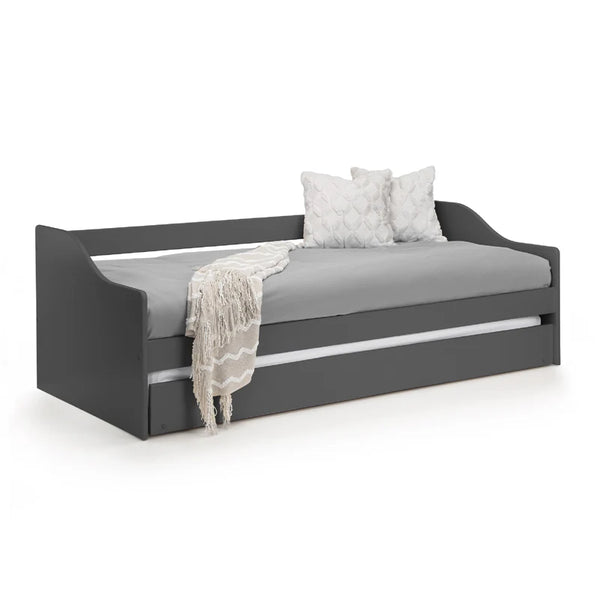 Gray daybed with gray mattress and decorative pillows on a white background