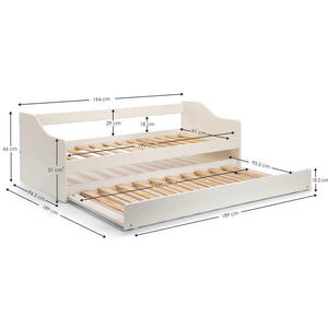 Dimensions of a white bed frame with wooden slats on a white background