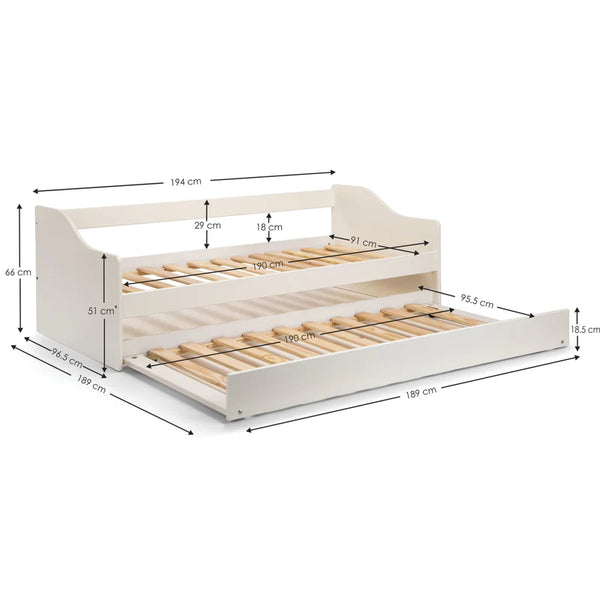 Dimensions of a white bed frame with wooden slats on a white background