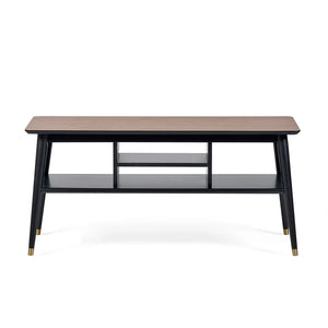 Coffee table with wooden top and black metal legs on a white background