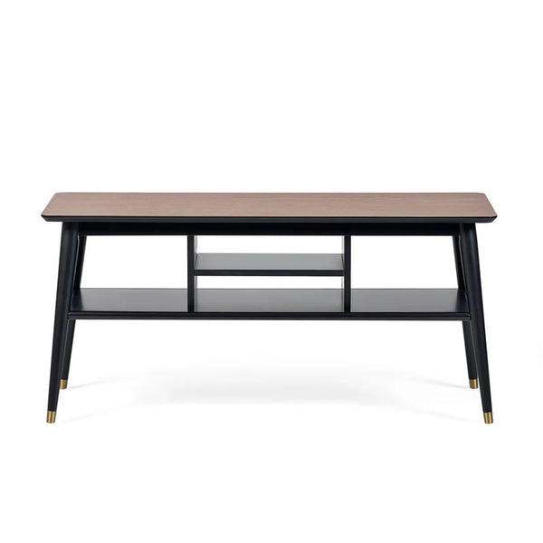 Coffee table with wooden top and black metal legs on a white background