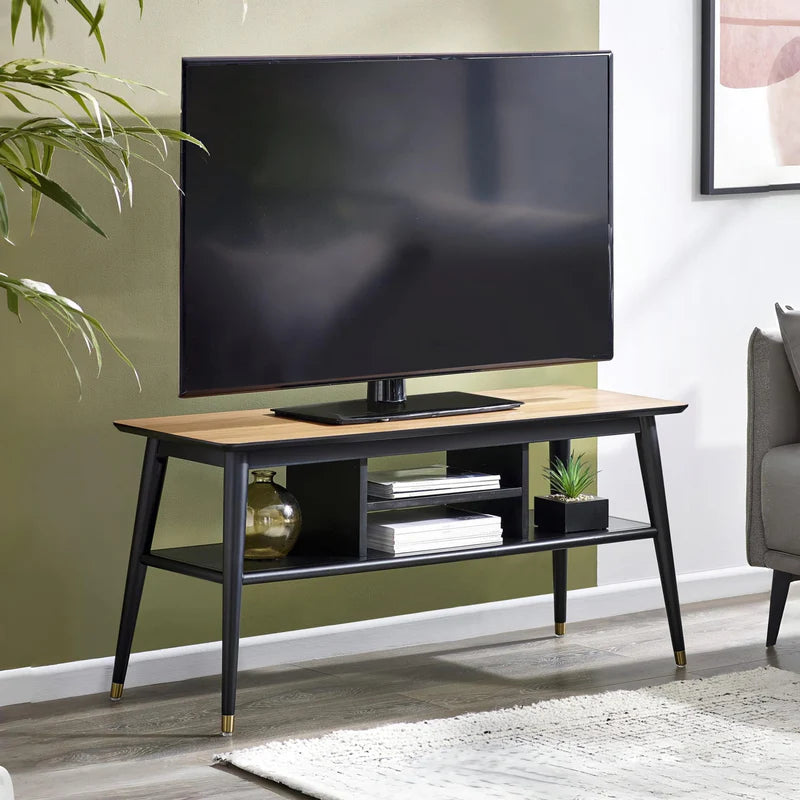 Two-level TV unit with wooden top and black base on a white background