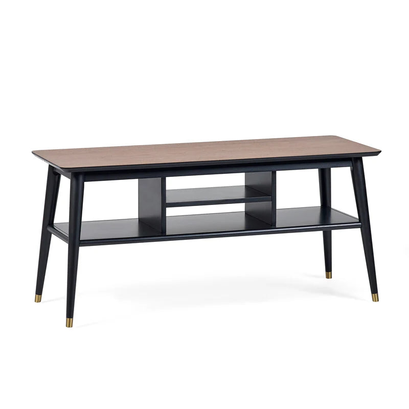 Two-level TV unit with wooden top and black base on a white background