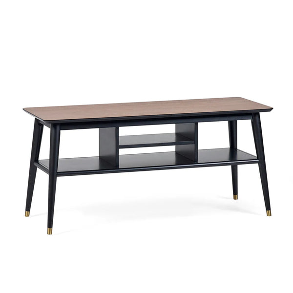Two-level TV unit with wooden top and black base on a white background