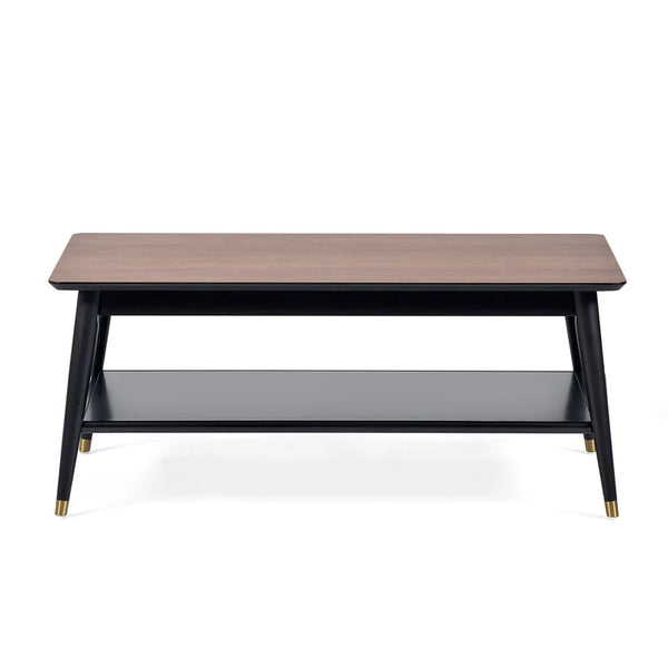 Coffee table with wooden top and black base on a white background