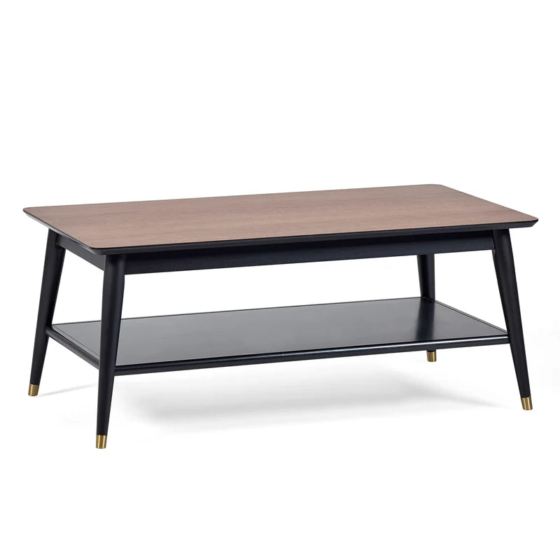 Coffee table with wooden top and black base on a white background