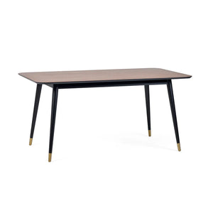 Rectangular table with black legs and gold accents on a white background