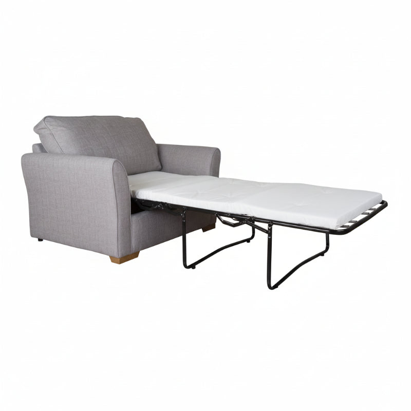 Gray sofa bed with a pull-out mechanism on a white background