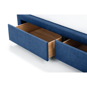 Blue upholstered bed with open drawers revealing wooden interior on a white background