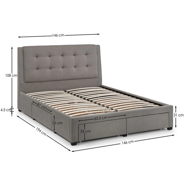Gray upholstered bed with dimensions marked on a white background