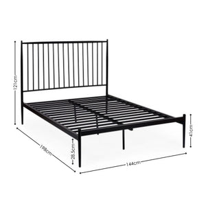 Black metal bed frame with dimensions on a white background