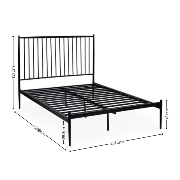 Black metal bed frame with dimensions on a white background