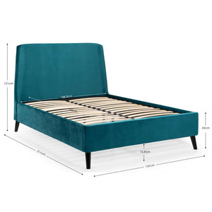 Teal bed frame with wooden slats on a white background
