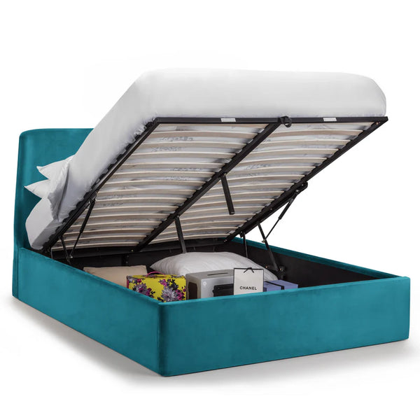 Teal bed with open storage compartment on a white background
