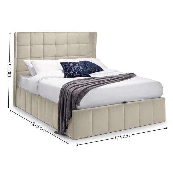 cream upholstered bed with dimensions on a white background