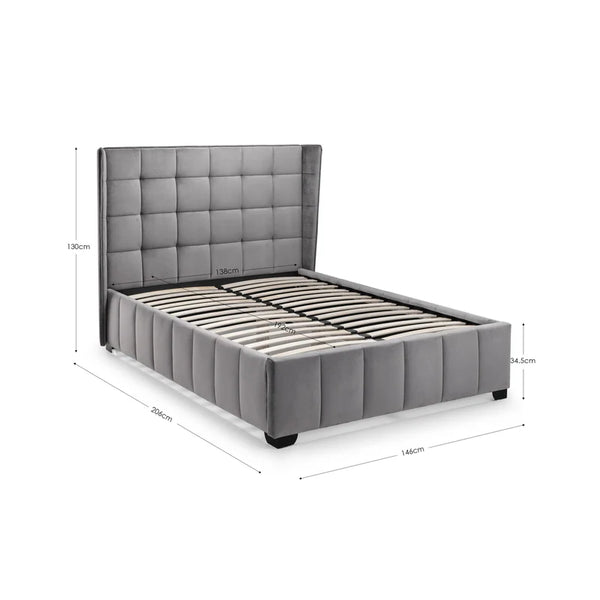 Gray upholstered bed with dimensions on a white background