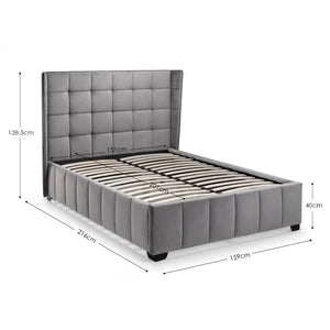 Gray upholstered bed with dimensions on a white background