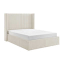 Beige bed frame with white mattress on a white background