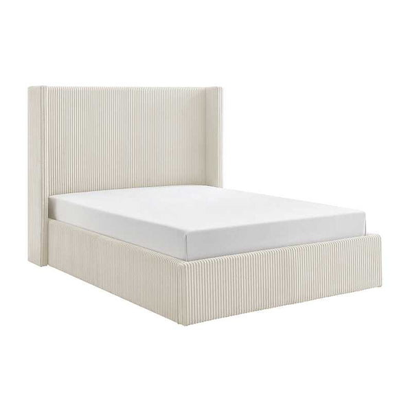 Beige bed frame with white mattress on a white background