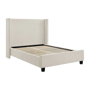 Beige upholstered bed frame on a white background