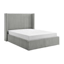 Gray upholstered bed with white mattress on a white background