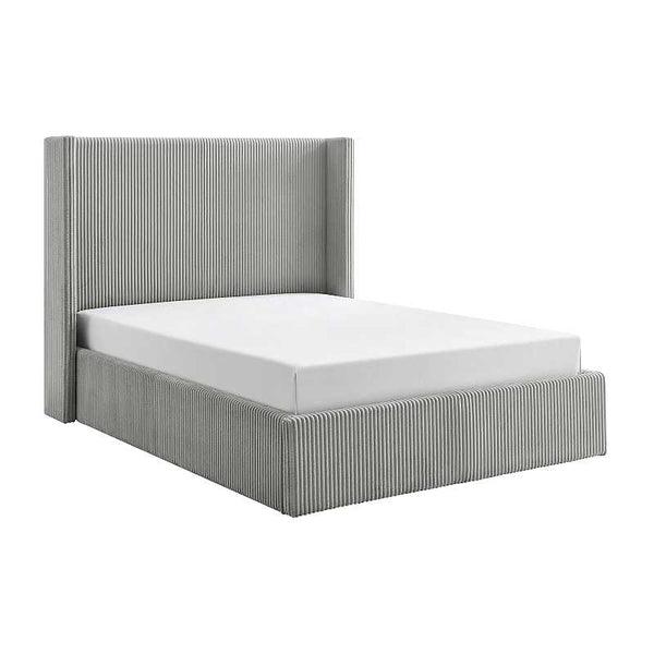 Gray upholstered bed with white mattress on a white background
